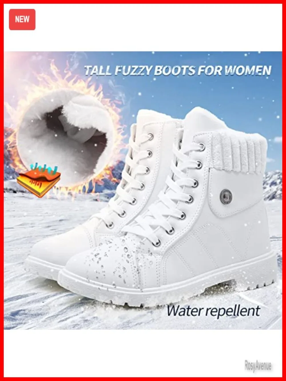 Fuzzy Lace Up Ankle Boots with Zipper - Non Slip Waterproof Winter Boots